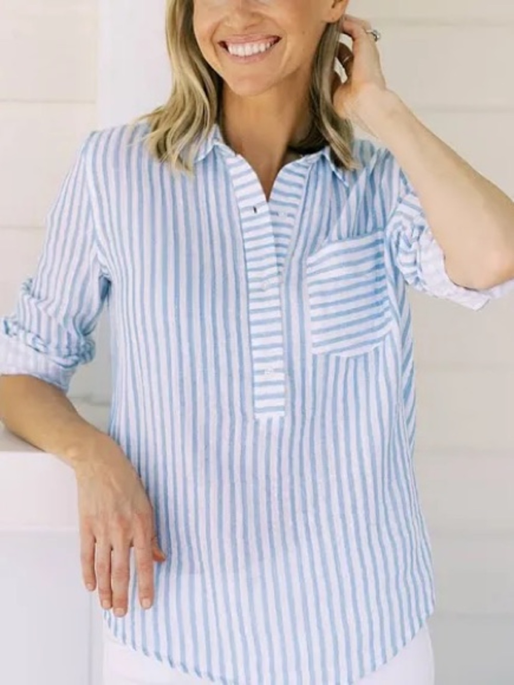 Alice Walk Organic Cotton Striped Popover in Blue & White, Women’s size Small